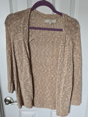 LOFT Marled Beige Open-Front Knit Cardigan